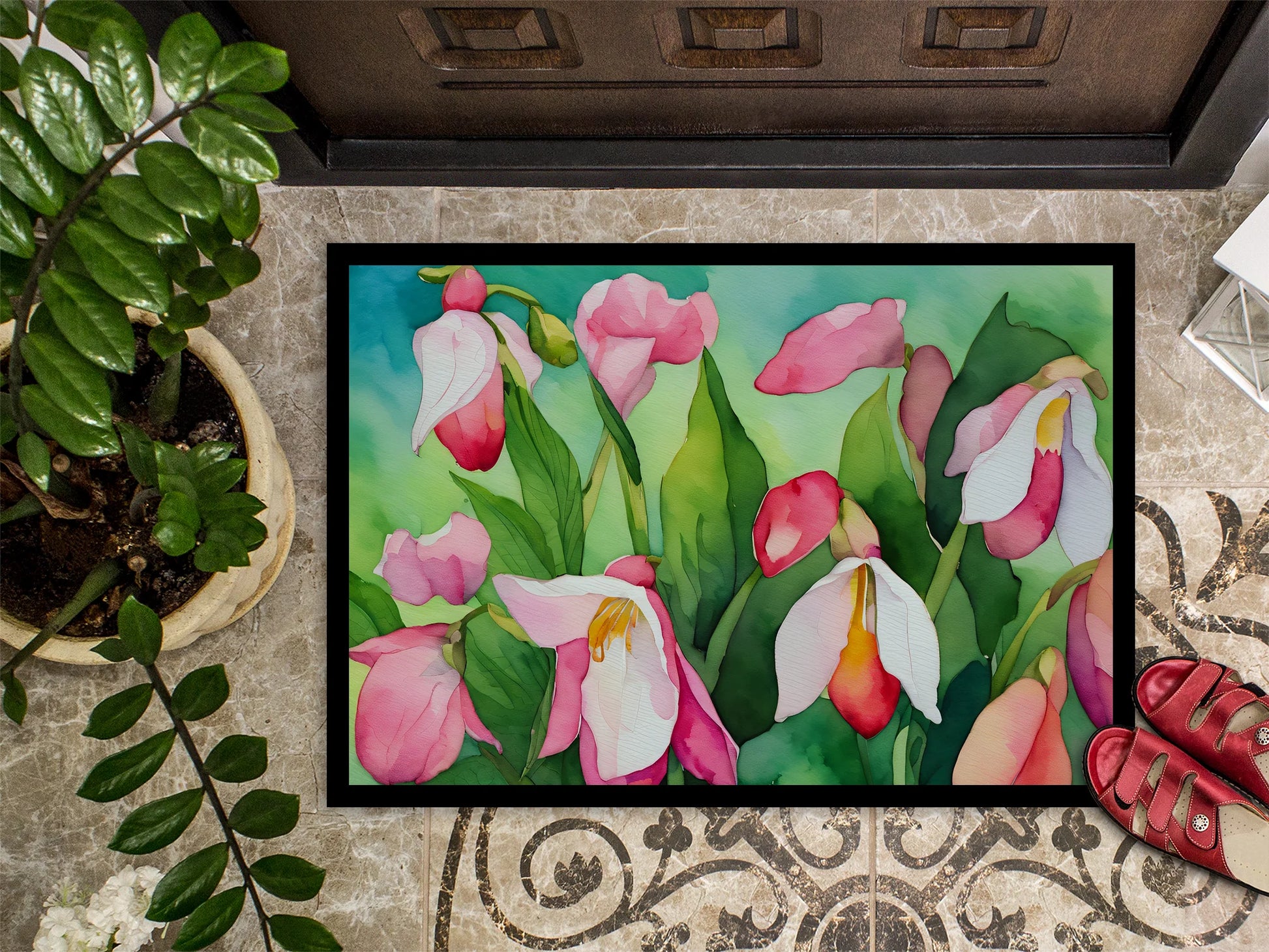 Minnesota Pink and White Lady�S Slippers in Watercolor Doormat