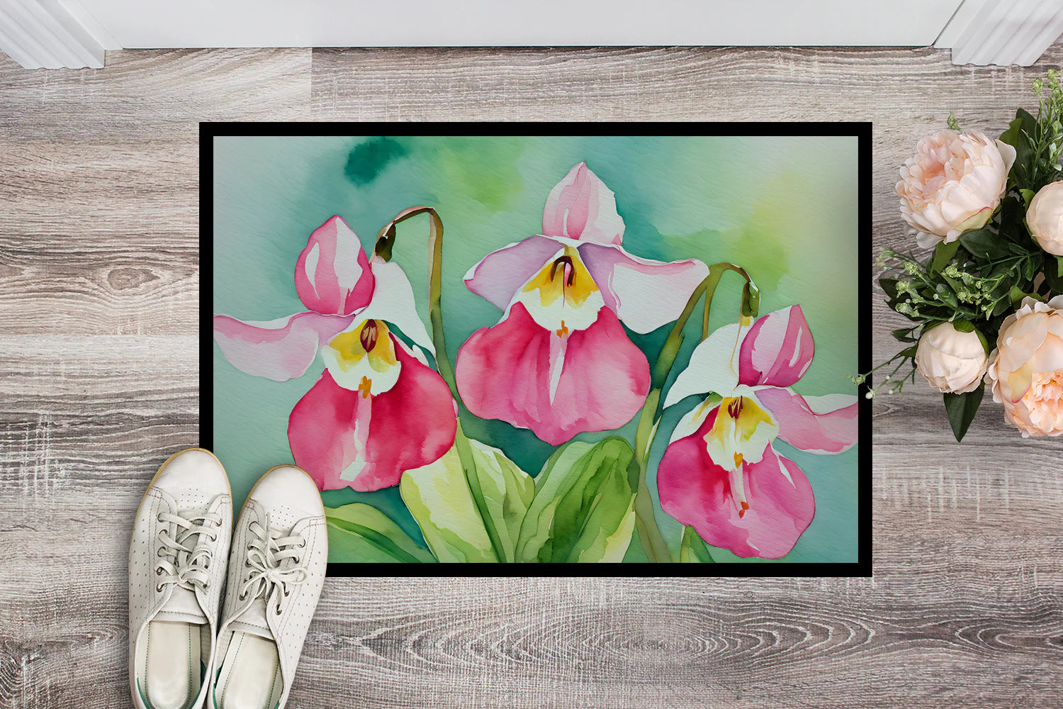 Minnesota Pink and White Lady�S Slippers in Watercolor Doormat