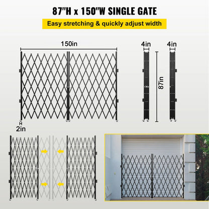 VEVOR Double Folding Security Gate, 7.1' H X 12.5' W Folding Door Gate, Steel Accordion Security Gate, Flexible Expanding Security Gate, 360¡Ã Rolling Barricade Gate, Scissor Gate or Door with Keys