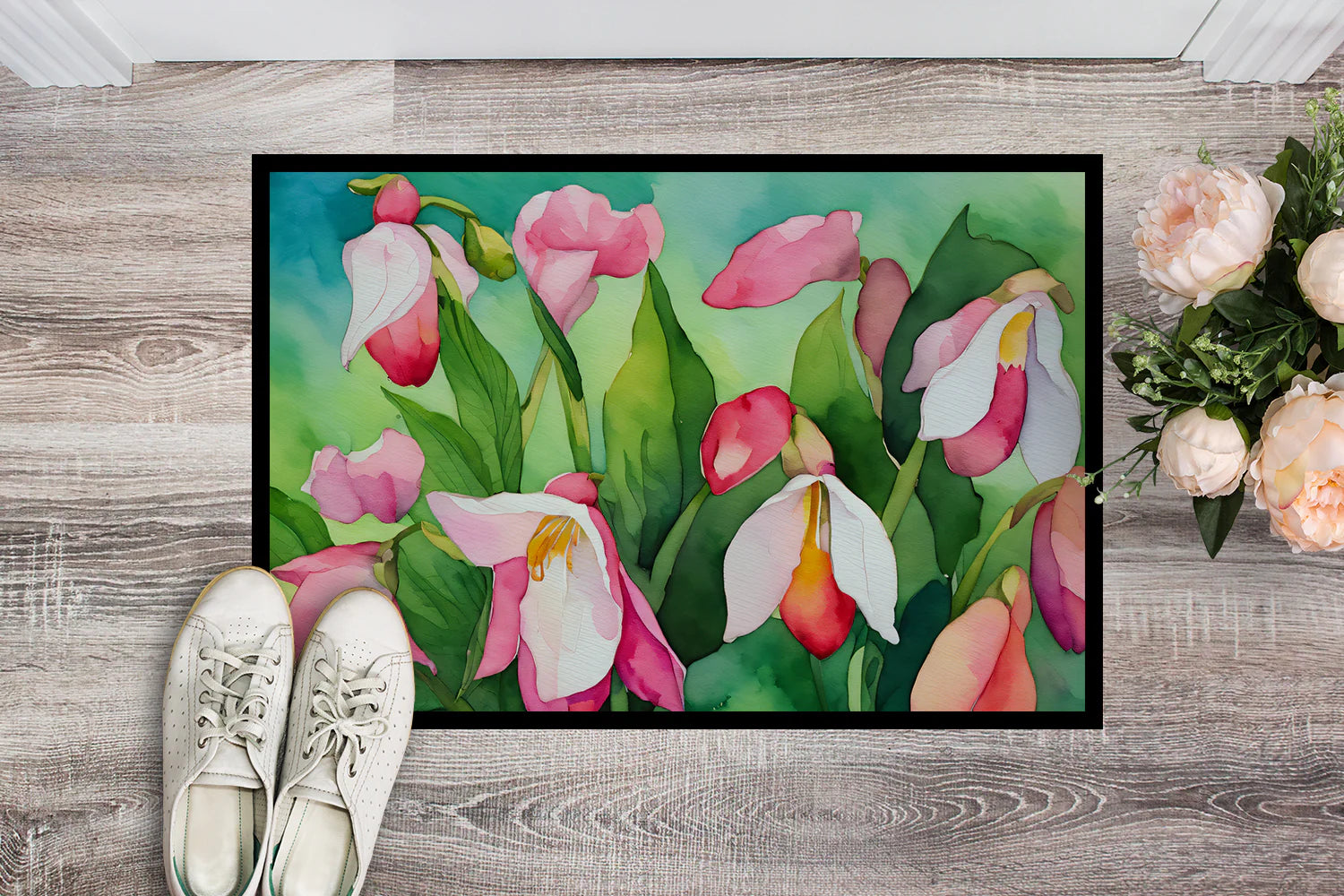 Minnesota Pink and White Lady�S Slippers in Watercolor Doormat