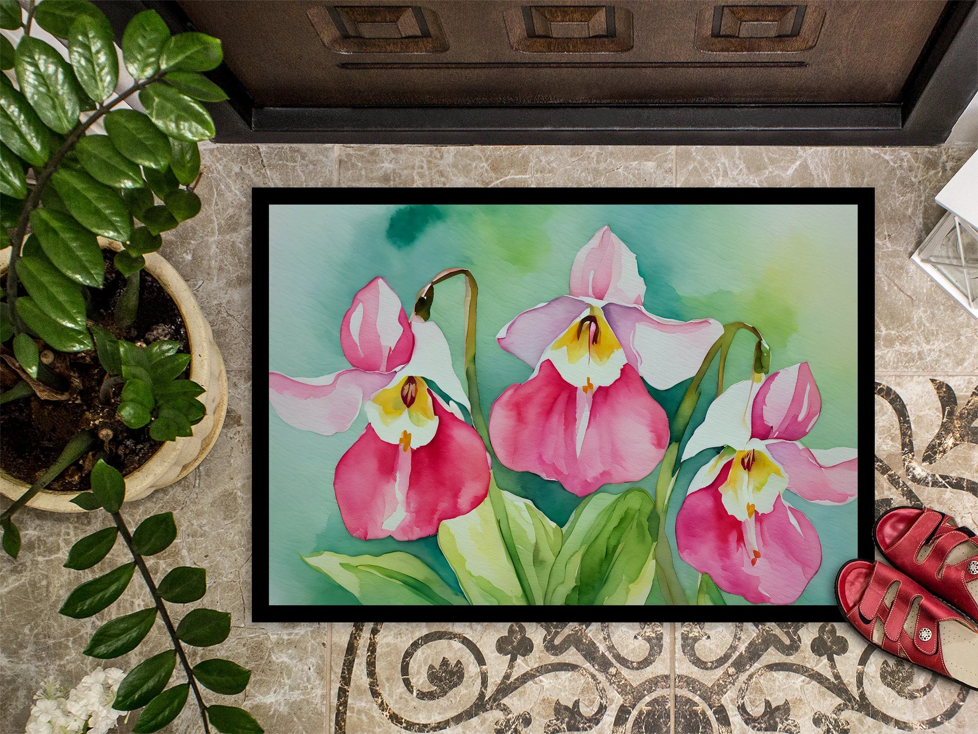 Minnesota Pink and White Lady�S Slippers in Watercolor Doormat