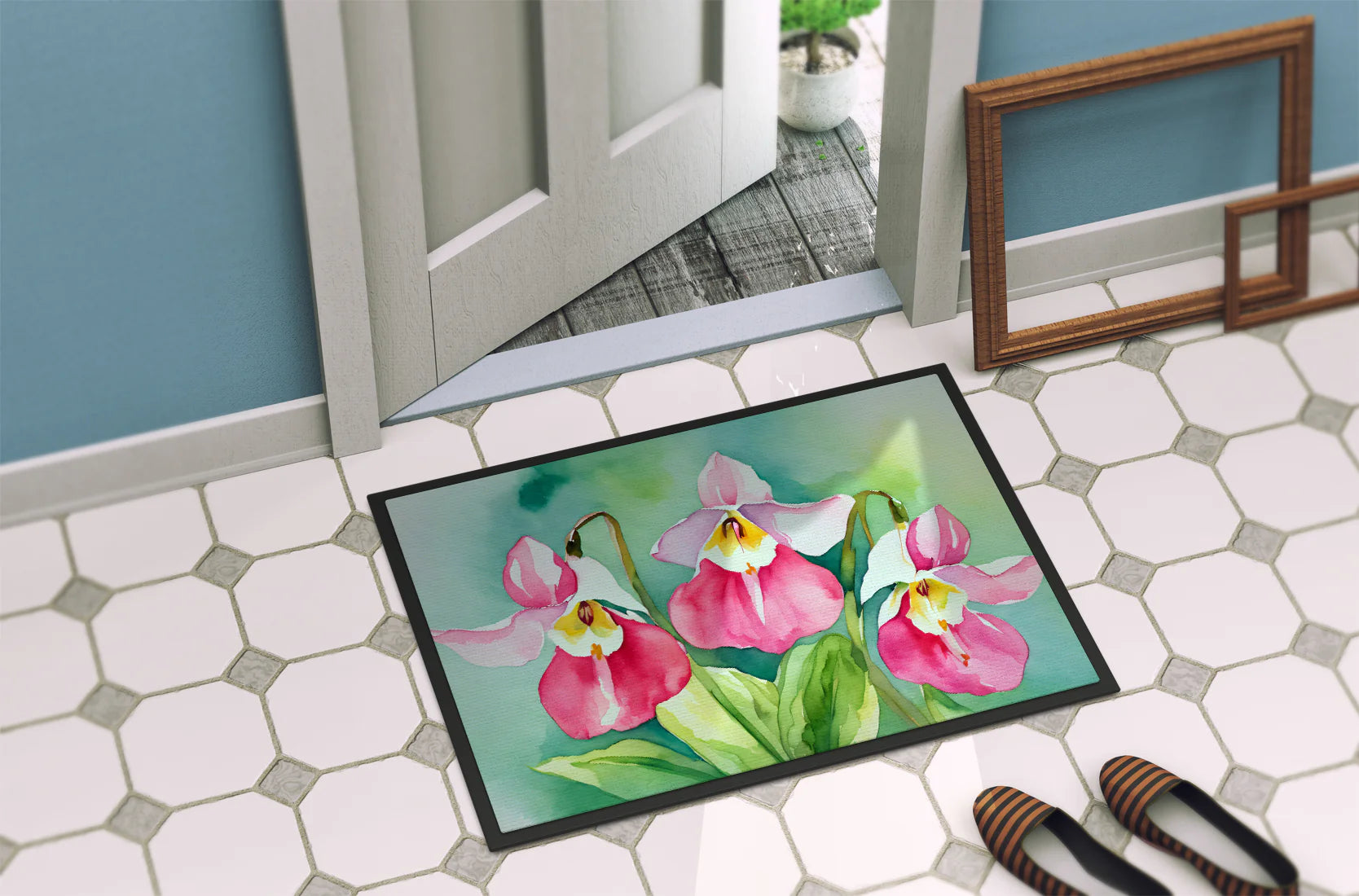 Minnesota Pink and White Lady�S Slippers in Watercolor Doormat