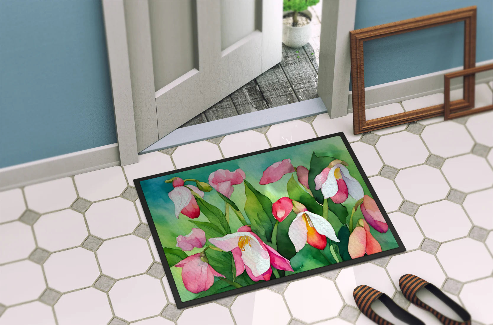 Minnesota Pink and White Lady�S Slippers in Watercolor Doormat